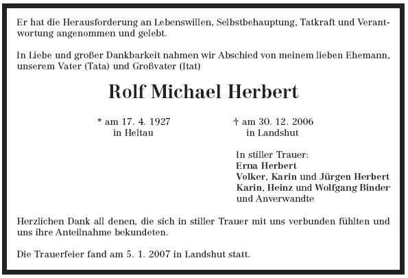 Herbert Rolf Michael 1927-2006Todesanzeige